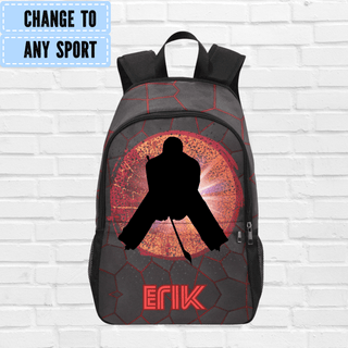 a backpack with a picture of a hockey player on it