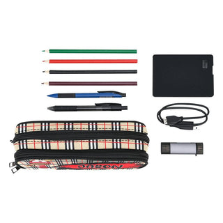 a pencil case with a pen, pencils, and other items