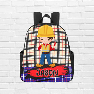 a backpack with a picture of a construction worker on it