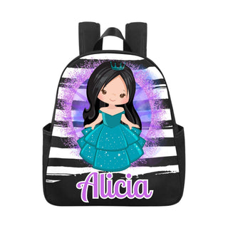 a black and white backpack with a picture of a girl in a blue dress