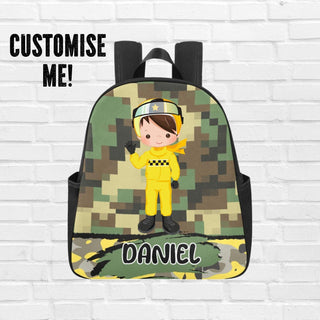 a backpack with a picture of a boy in a yellow uniform