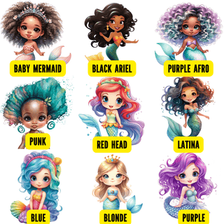 a group of cartoon mermaids with different names