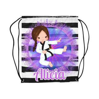 a drawsack bag with an image of a girl doing karate