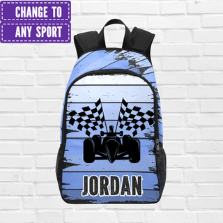 a blue backpack with a racing car on it