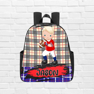 a backpack with a picture of a boy holding a baseball bat