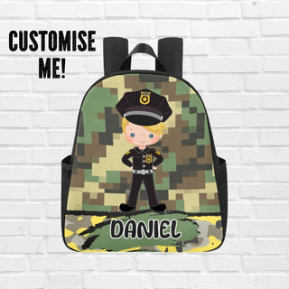 a backpack with a picture of a boy in a uniform