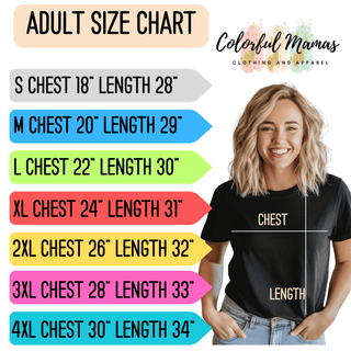 a woman standing in front of a white background with the text adult size chart