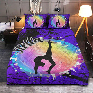 a bed with a purple bed cover with a picture of a girl doing a yoga