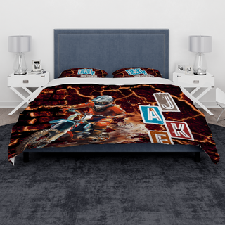 a bed with a picture of a space ship on it