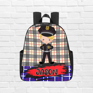 a backpack with a picture of a police officer on it