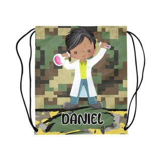 a drawstring bag with a picture of a boy in a lab coat