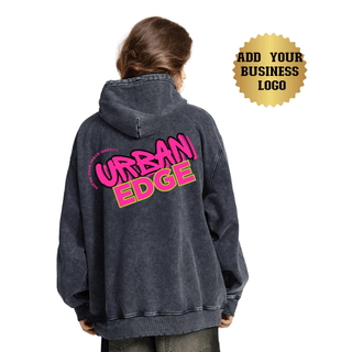 a woman wearing a black hoodie with the words urban edge on it