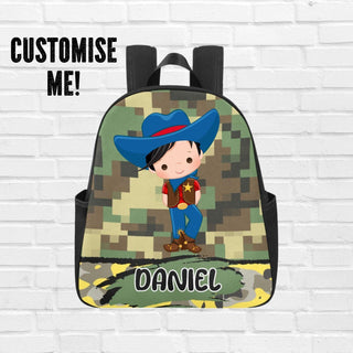 a backpack with a picture of a little boy wearing a cowboy hat and holding a