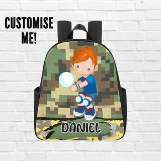 a backpack with a picture of a boy holding a tennis racket