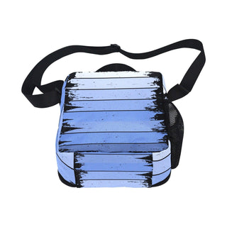 a blue and white bag with black straps