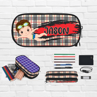 a pencil case with a picture of a boy on it