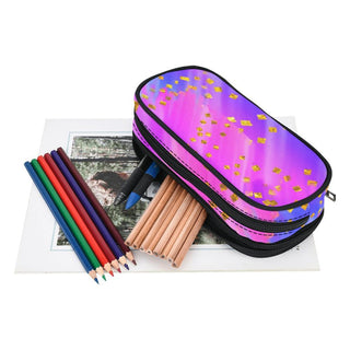 a pencil case with colored pencils and a pencil holder