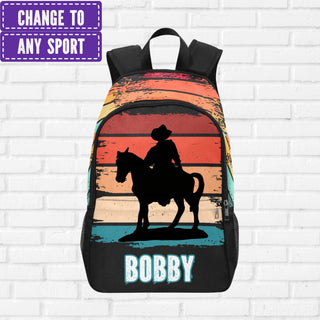 a colorful backpack with a cowboy on a horse