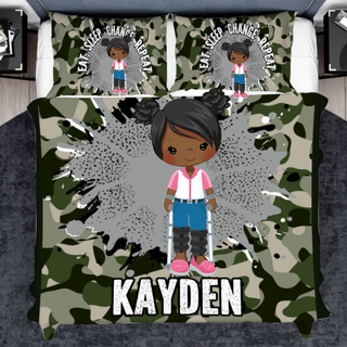 a bed with a camo print and a black girl on it