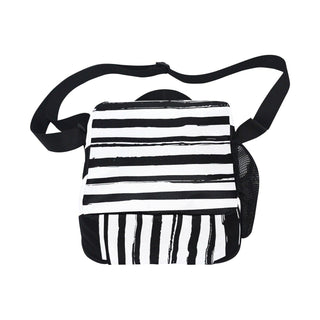 a black and white striped bag with a black strap