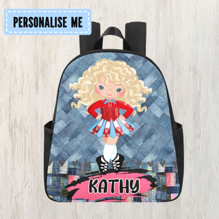 a backpack with a picture of a blonde haired girl on it