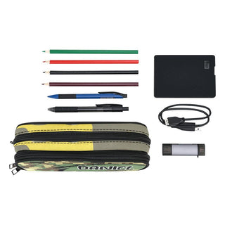 a pencil case with a pen, pencils, and other items