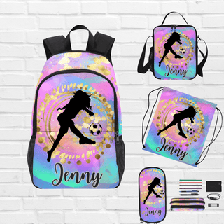 a colorful backpack with a picture of a girl kicking a soccer ball