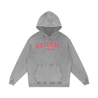 a grey hoodie with a red baseball mama on it