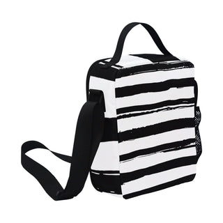 a black and white striped bag with a black strap