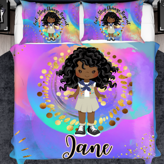 a bed with a picture of a black girl on it