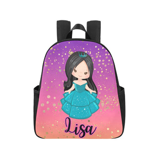 a backpack with a picture of a girl in a blue dress