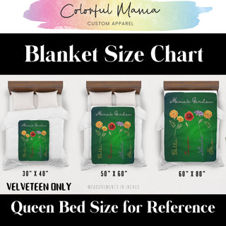 a bed with three pillows and a blanket size chart