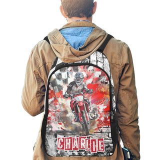 a man wearing a backpack with a painting of a motorcyclist on it