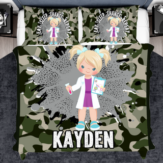 a bed with a camo print and a girl holding a clipboard