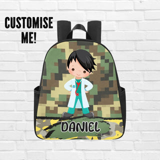 a backpack with a picture of a boy wearing a lab coat