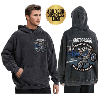 a man wearing a black hoodie with a motorcycle design on it