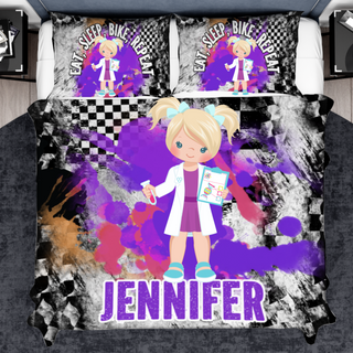 a bed with a picture of a girl on it