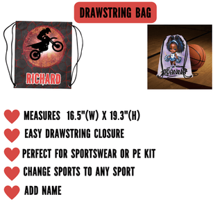 a drawstring bag with a picture of a person on a motorcycle