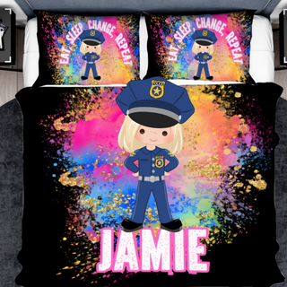 a bed with a police officer on it