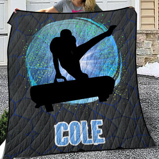 a woman holding a quilt with a picture of a skateboarder