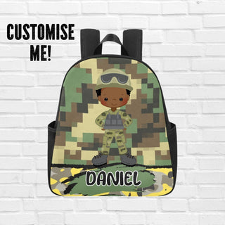 a backpack with a picture of a boy in camouflage