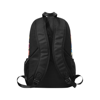 a black backpack with a colorful design on it