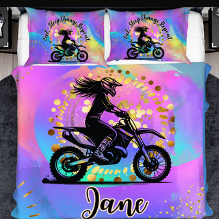 a bed with a picture of a person on a dirt bike