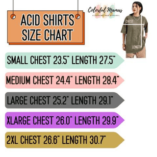 a man standing next to a sign that says acid shirts size chart