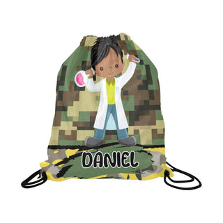 a drawstring bag with a drawing of a boy holding a tennis racket