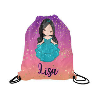 a drawsack bag with a picture of a girl in a blue dress