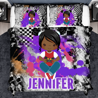 a bed with a picture of a girl on it