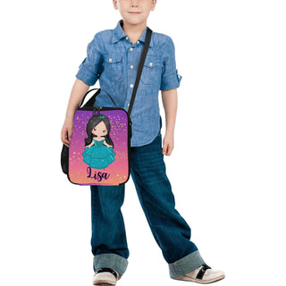 a young boy holding a bag with a picture of a girl on it