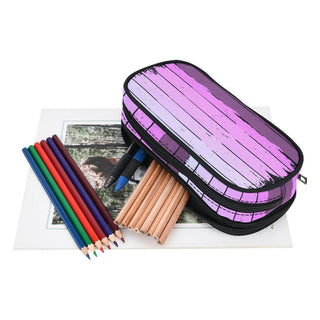 a pencil case with colored pencils and a pencil holder