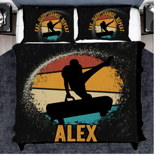 a bed with a picture of a person on a surfboard